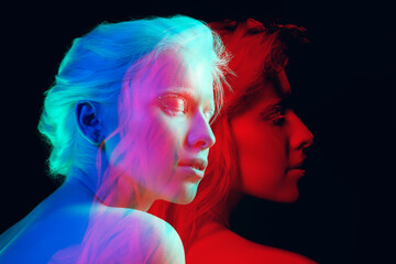 Party. Multiple portrait with glitch duotone effect. Multiple exposure, abstract fashionable beauty photo. Young beautiful female model posing. Youth culture, composite image, fashionable people.