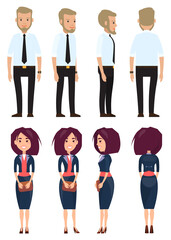 Stylish businessmen. Set of man and wooman characters front, side, back view. Bearded man in a shirt with a tie. Fashionable businesswoman in costume with clutch bag in hand flat style illustration