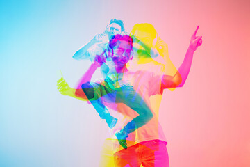 Beautiful. Multiple portrait with glitch duotone effect. Multiple exposure, abstract fashionable...