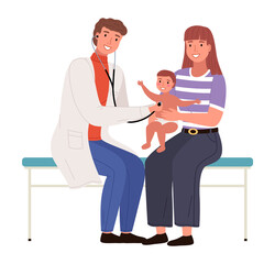 Mother and child visiting the doctor. Pediatrician with stethoscope listening to patient s heartbeat. Cartoon characters at the reception of the therapist in hospital. Man checks the health of baby