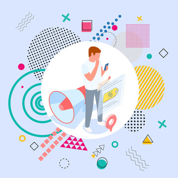 Isometric image of man standing with smartphone. Conceptual big megaphone, discount icon, sales message. Multicolored background with many geometric shapes, circles, spirals. Customer journey concept
