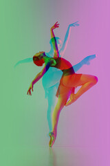Fototapeta na wymiar Ballet. Multiple portrait with glitch duotone effect. Multiple exposure, abstract fashionable beauty photo. Young beautiful female model posing. Youth culture, composite image, fashionable people.