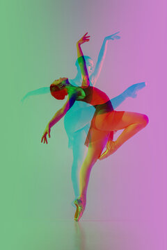 Ballet. Multiple portrait with glitch duotone effect. Multiple exposure, abstract fashionable beauty photo. Young beautiful female model posing. Youth culture, composite image, fashionable people.