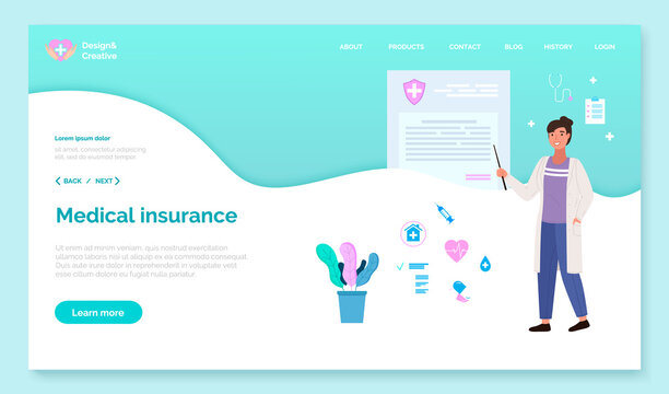 App for communication with healthcare professionals. Website for registration of medical insurance. Program landing page template. Woman in medical gown points to a poster with instructions