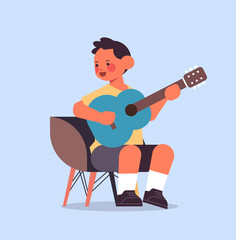 little boy playing guitar childhood concept full length vector illustration