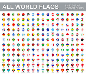All world flags - vector set of flat shield icons. Flags of all countries and continents.