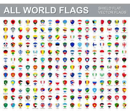All world flags - vector set of flat shield icons. Flags of all countries and continents.
