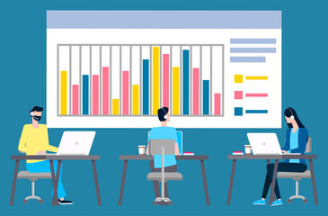 Brokers dealing with buys and sales, big screen with statistical data and man and woman financial analytics sitting at tables and making trades and money transfers