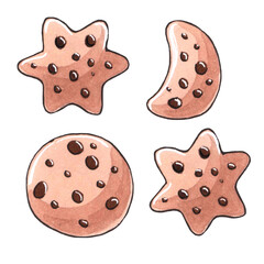 Set of cookies is drawn on a white background. Sketch drawn with markers. Tasty food for holidays