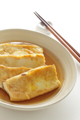 Japanese food, pan fried tofu and soy sauce with copy space