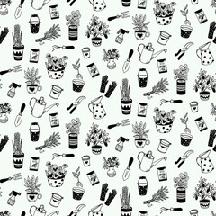 Gardening items seamlessly pattern. Cute doodle graphic. Hand drawn elements Flowers, flower pots, garden tools.