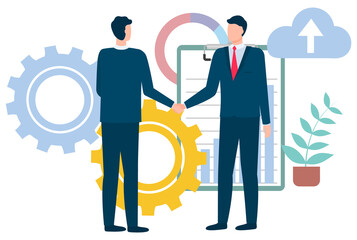 Business people in suits shaking hands. Partners cooperation. Greeting or agreement. Clipboard with rising graph. Join our team vector illustration