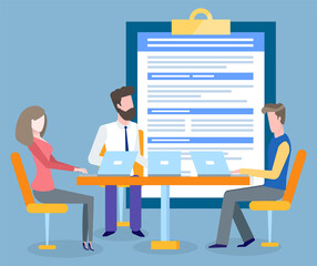 Businessman and client on meeting talking about risks and benefits of concluding contract or agreement. People with laptops sitting on table, clipboard with documents and main points, vector