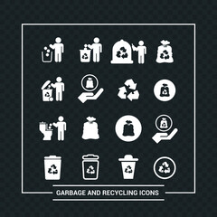 Vector image. Different garbage and recycling pictograms. Trash bins.