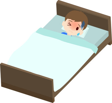具合が悪くてベッドで寝る可愛い男の子供のイラスト