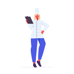 female cook in uniform woman chef holding checklist cooking food industry concept professional restaurant kitchen worker full length vector illustration