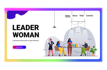 businesswoman leader working with businesspeople team teamwork concept modern office interior horizontal full length vector illustration