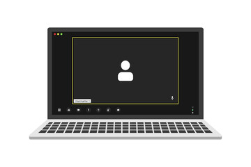 Video conference user interface on realistic laptop, video conference calls window overlay. One User.