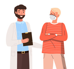 Man see doctor to check himself. Doctor consulting male patient isolated on white background. Wear face mask surgical protective. Medical mask to prevent virus vector illustration. Health care concept