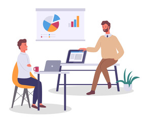 Office workers characters discussing matters, statistics chart. Businessman and colleague sitting at office desk with laptop talking communicating. Business meeting and consideration of working issues