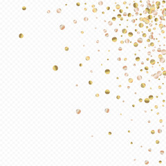 Gold Circle Effect Transparent Background. Modern Sparkle Texture. Yellow Round Art Invitation. Dust Anniversary Card.