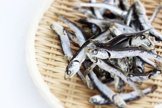 Japanese food ingredient,  dried small sardines on bamboo basket for broth cooking