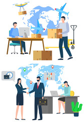 Worldwide delivery, workers handshaking, man and woman teamwork. International business, cardboard box, courier and businessman, globe and commerce vector