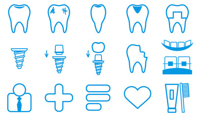 Dental Icons Set. Collection Thin blue lines symbol. Linear style of icons. Vector illustration.