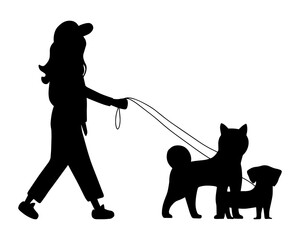 Silhouette dog handler walks with pet. Concept of dog service, volunteering, sitter, walker, pet care, dog shelter. Design for poster, banner, flyer, web, mockup, business, company,  identify, sign.