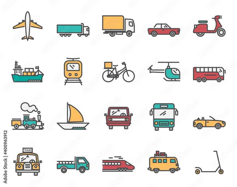 Wall mural transportation fill line icon set.