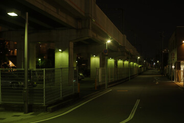 道路に隣接する高架線路・日本の夜景