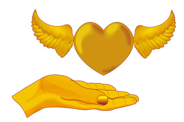 Eine Hand und ein fliegendes goldenes Herz auf weißem Hintergrund.