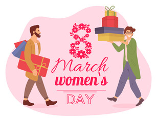 Men with gift boxes in their hands. Young guys are carrying presents on white background. Male character in store are prepairing for the March 8. Celebrating the International Women s Day concept