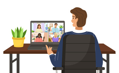 Fototapeta premium People talking to each other via video call, online conference. A man communicating with friends on the computer screen via webcam, telecommunication, online courses and distance education concept