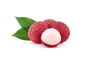 Lychee with leaves isolated on white background