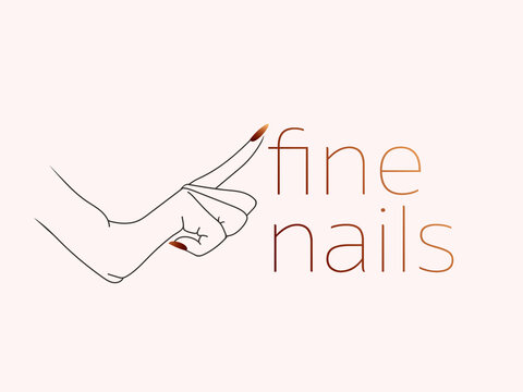 Nails art salon vector logo.Illustration of woman hand with elegant, beautiful manicure.Cosmetics, beauty, spa and style icon isolated on light background.Shiny nail polish.