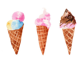 Watercolor illustration set of delicious ice cream in a waffle cup