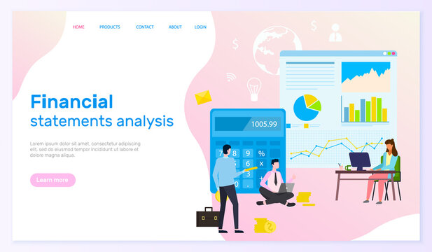 Landing page of financial site. Financial statements analysis, man sitting with laptopp, big cartoon calculator, woman uses monoblock, big board with analytic data. Infographic icons money, globe
