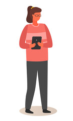 Businesswoman holding tablet pc vector illustration. woman holds electronic device with touch screen. Female character manager holding e-book, device for internet surfing, e-mail, work with documents