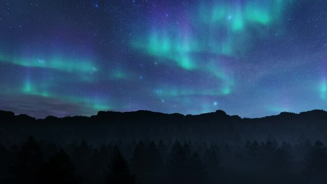 Northern lights aurora borealis over forest mountain range, 4K