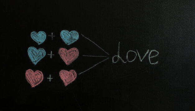 Blue and pink hearts are drawn on black chalkboard. The concept of various love. LGBT concept. Valentine's Day