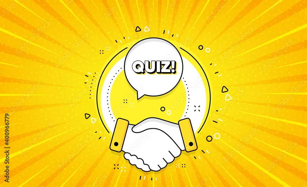 Poster quiz symbol. yellow vector button with handshake. answer question sign. examination test. quiz line 