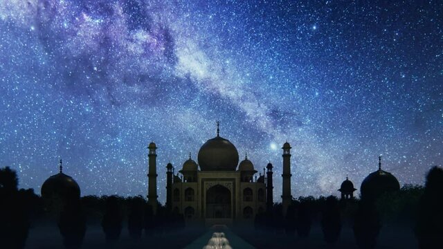 Taj Mahal silhouette against starry sky, zoom out
