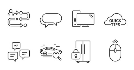 Journey path, Search car and Quick tips line icons set. Messenger, Computer and Refrigerator signs. Swipe up, Chat messages symbols. Project process, Find transport, Helpful tricks. Vector