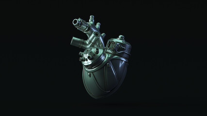 Silver Artificial Cyborg Heart with Blue Green Moody 80s Lighting 3d illustration render