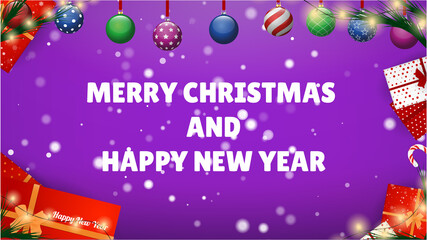 Merry Christmas and Happy New Year. Many Different New Year Gifts on The Festive Background. Colored. Winter Holidays Set Realistic gifts. Snowflakes in the air. Vector Illustration