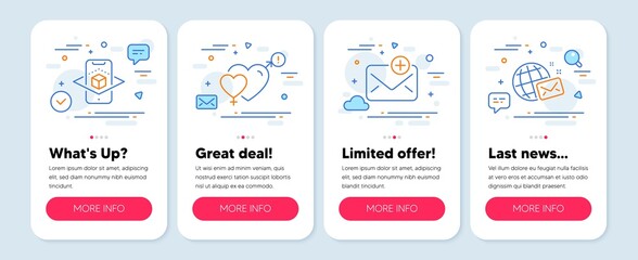 Set of line icons, such as Augmented reality, New mail, Male female symbols. Mobile screen mockup banners. World mail line icons. Phone simulation, Add e-mail, Love heart. Chat. Vector