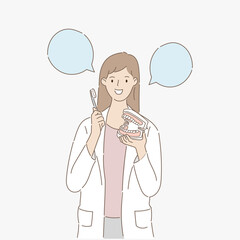 Female dentist demonstrating brushing teeth on tooth model. Dental concept. Vector illustration.