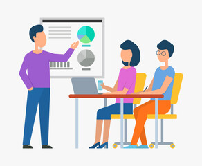 Person teaching people vector, boss on meeting with employees listening to leader isolated flat style. Corporate conference with male, board with info