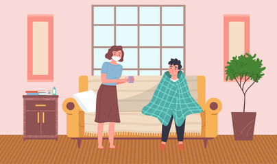 Woman treats a young man. Guy drinks hot tea in apartment. Sick people spend time at home. Male character having a cold and sitting on the sofa. Patient being treated for flu with special medicines